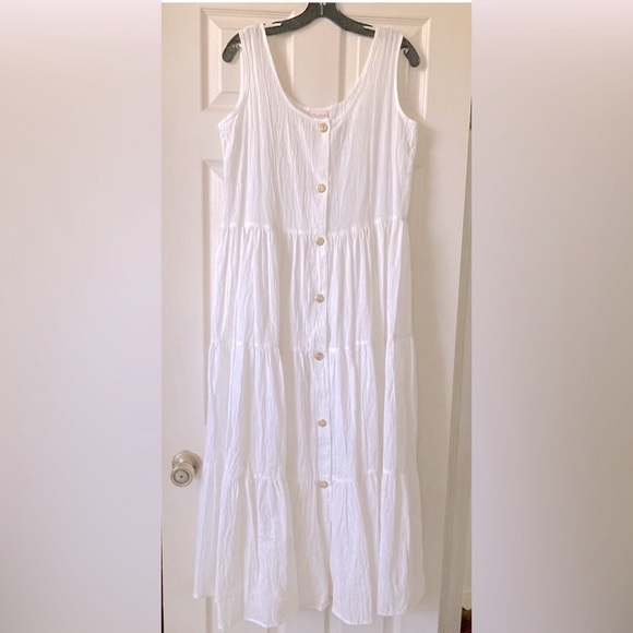Corinna Tiered White Sundress Size L Sleeveless Sailor Button Up Vintage USA - Picture 1 of 16